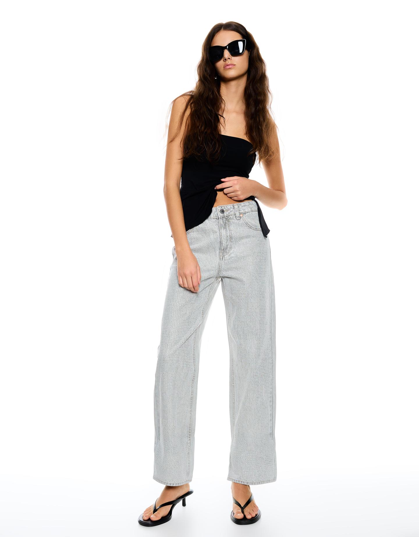 Bershka Jeans Straight Cropped Brillanti Donna 38 (Eu 34) Grigio