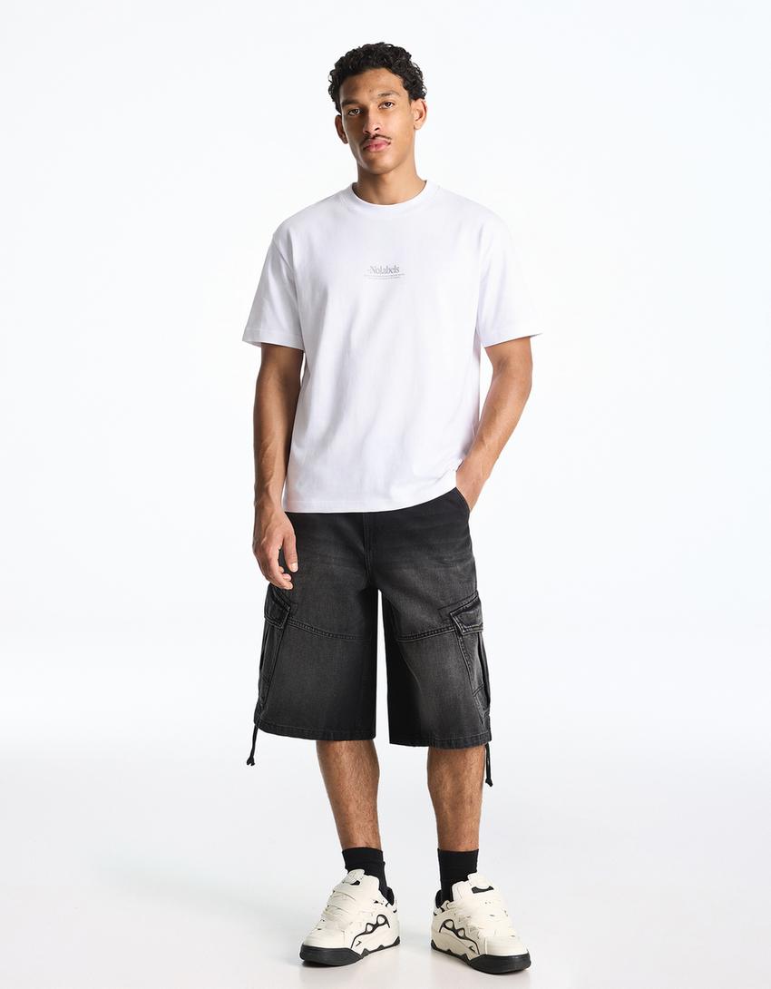 Denim parachute cargo Bermuda shorts-Black