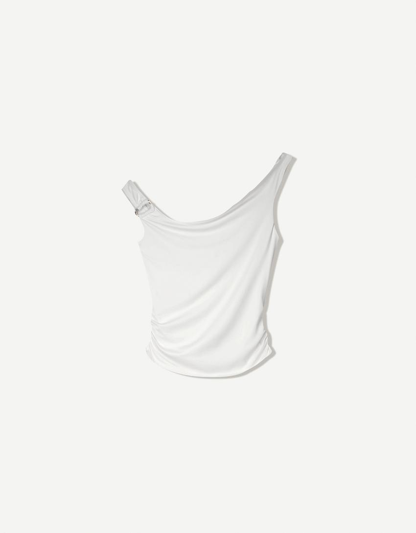 Asymmetric strappy t-shirt-Cream-4