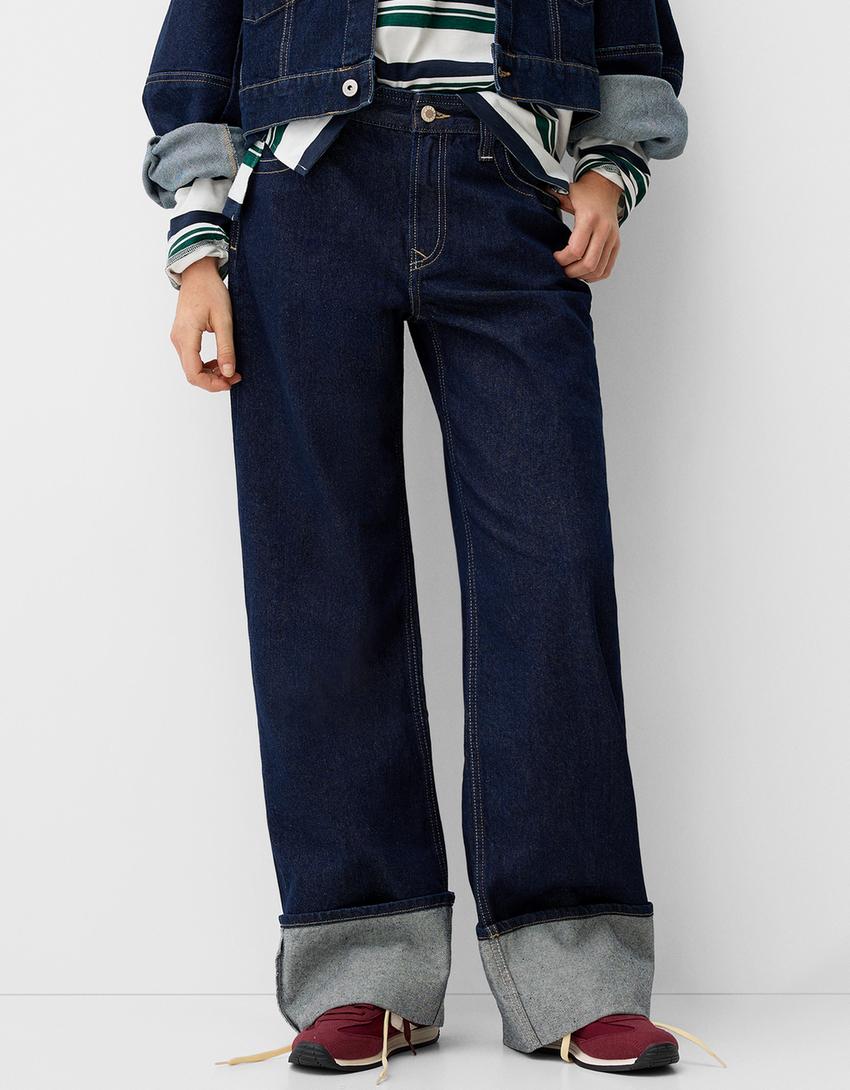 Jean 90’s wide leg bas retroussé-Marine-2