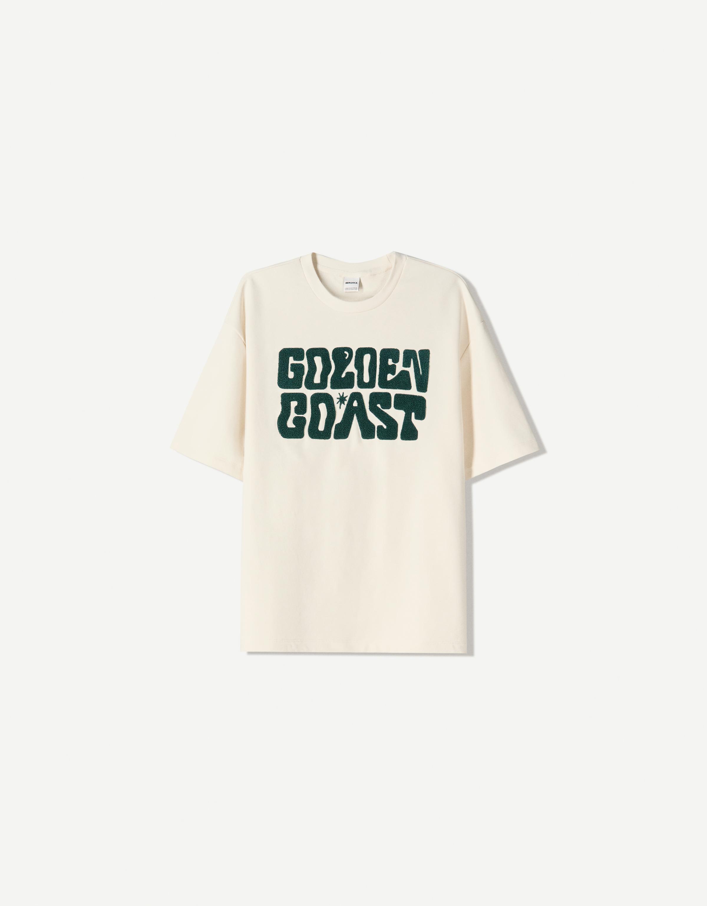 Bershka T-Shirt Mit Kurzen Ärmeln Und Frottee-Print Herren S Beige