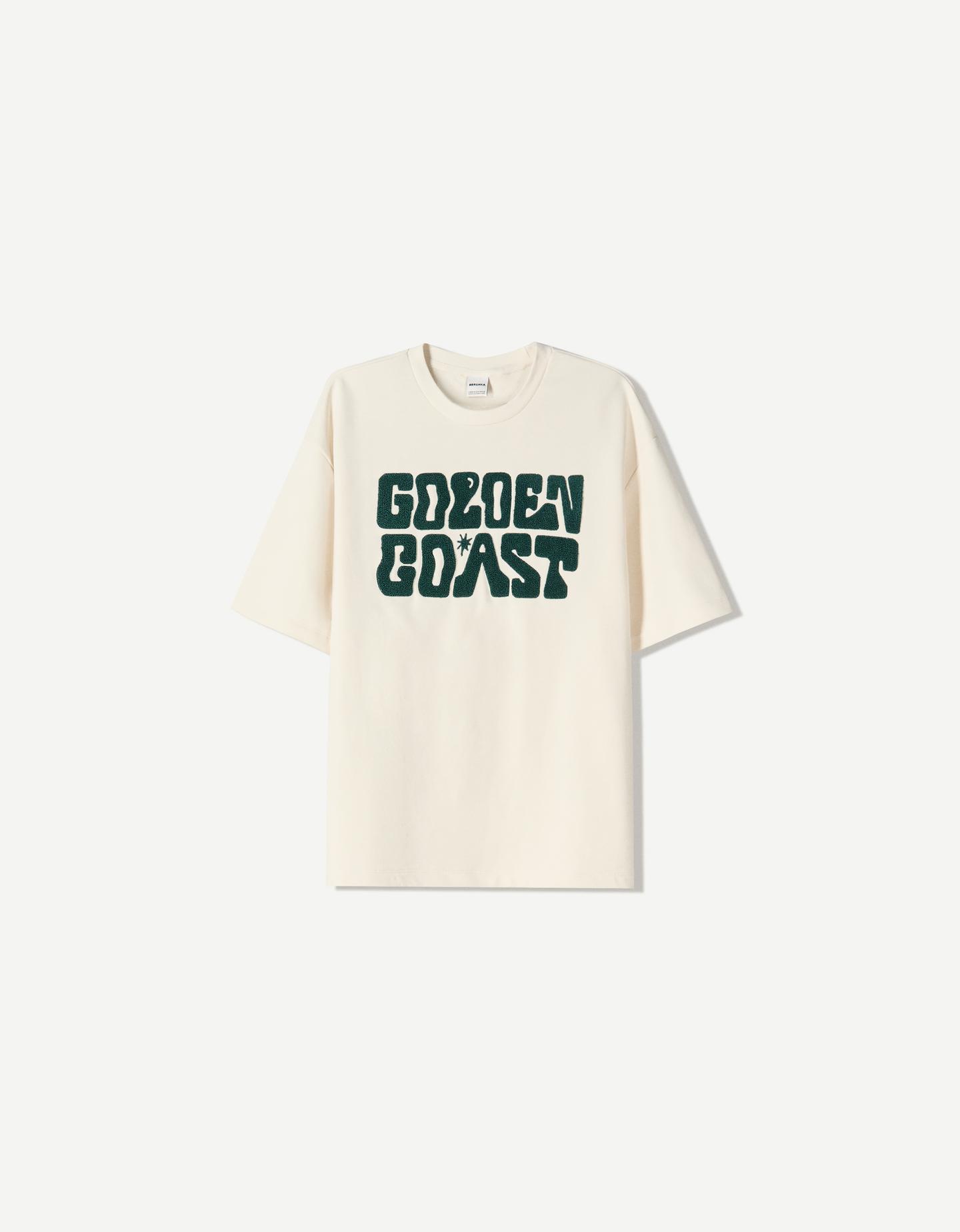 Bershka Koszulka Z Krótkim Rękawem Z Froty Z Nadrukiem Mężczyzna Xs Beżowy