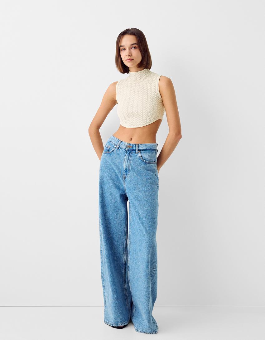 Top sans manches col montant tressé-Écru-3