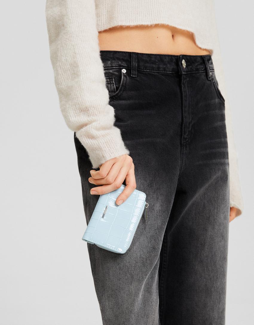 Porte-monnaie effet verni gravé imprimé animal-Bleu clair-3