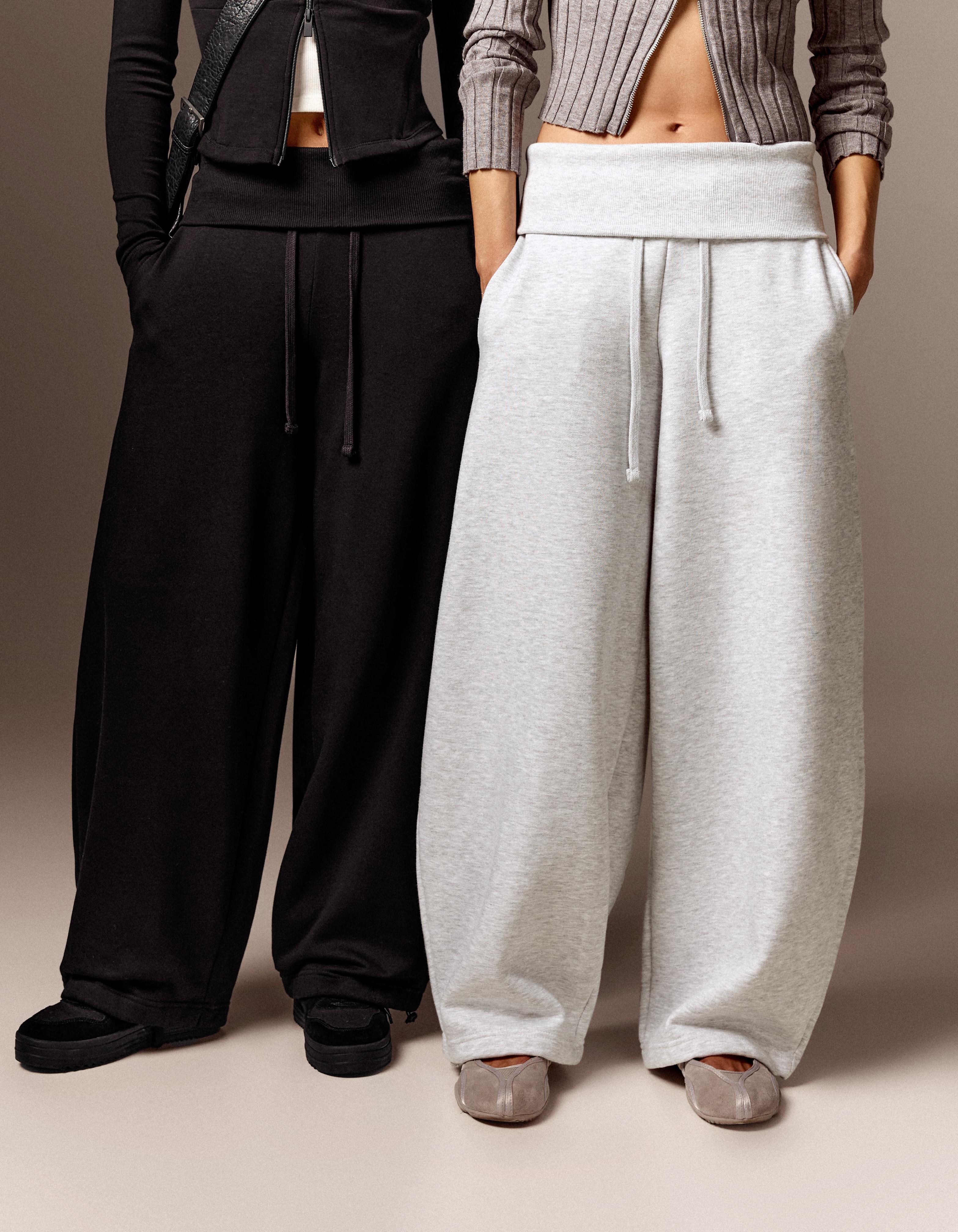 Barrel-leg jersey trousers with fold-over waist — Grey