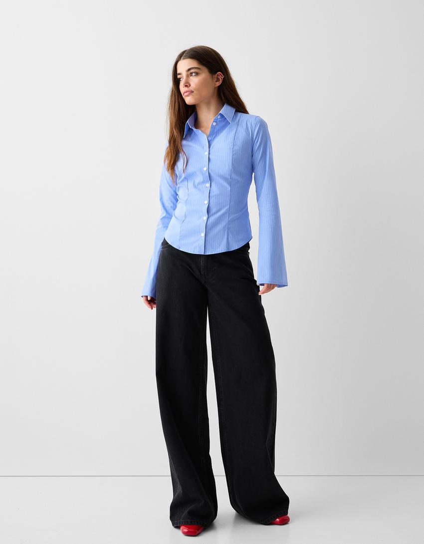Fitted shirt with flared long sleeves-Blue
