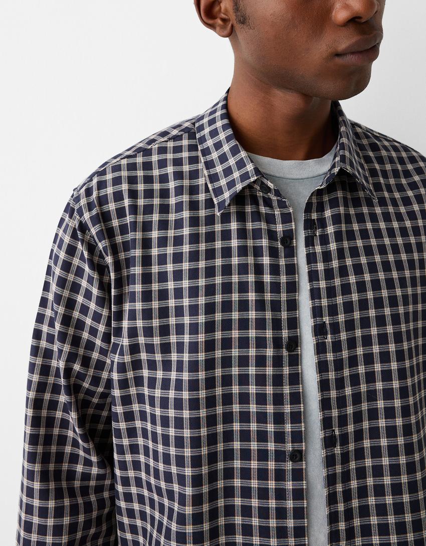 Boxy fit check long sleeve shirt-Navy
