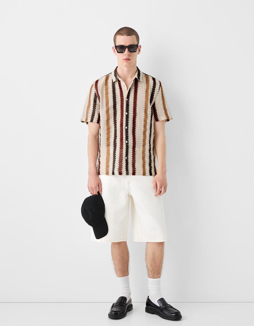 قميص كروشيه مخطط بأكمام قصيرة-كريمي-3