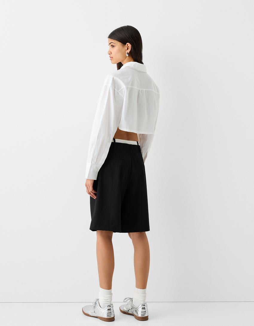 Long sleeve cropped poplin shirt with straps-White