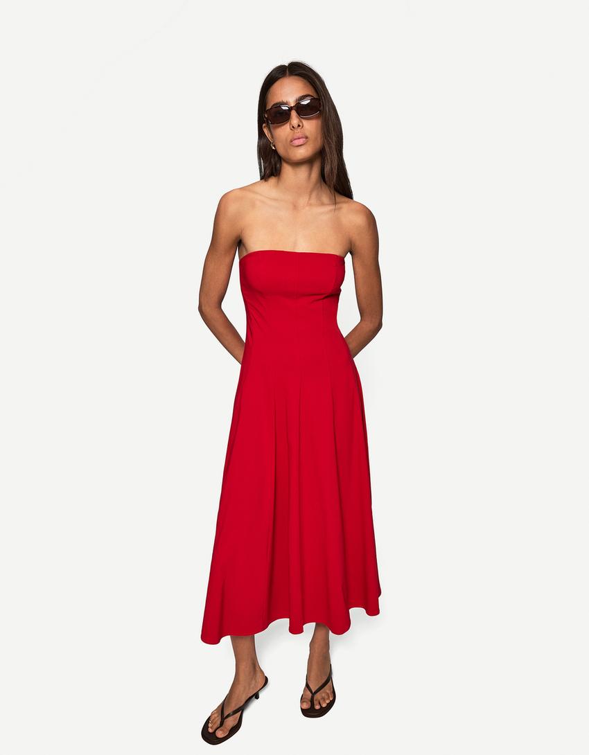 Bandeau neckline midi dress-Red-0