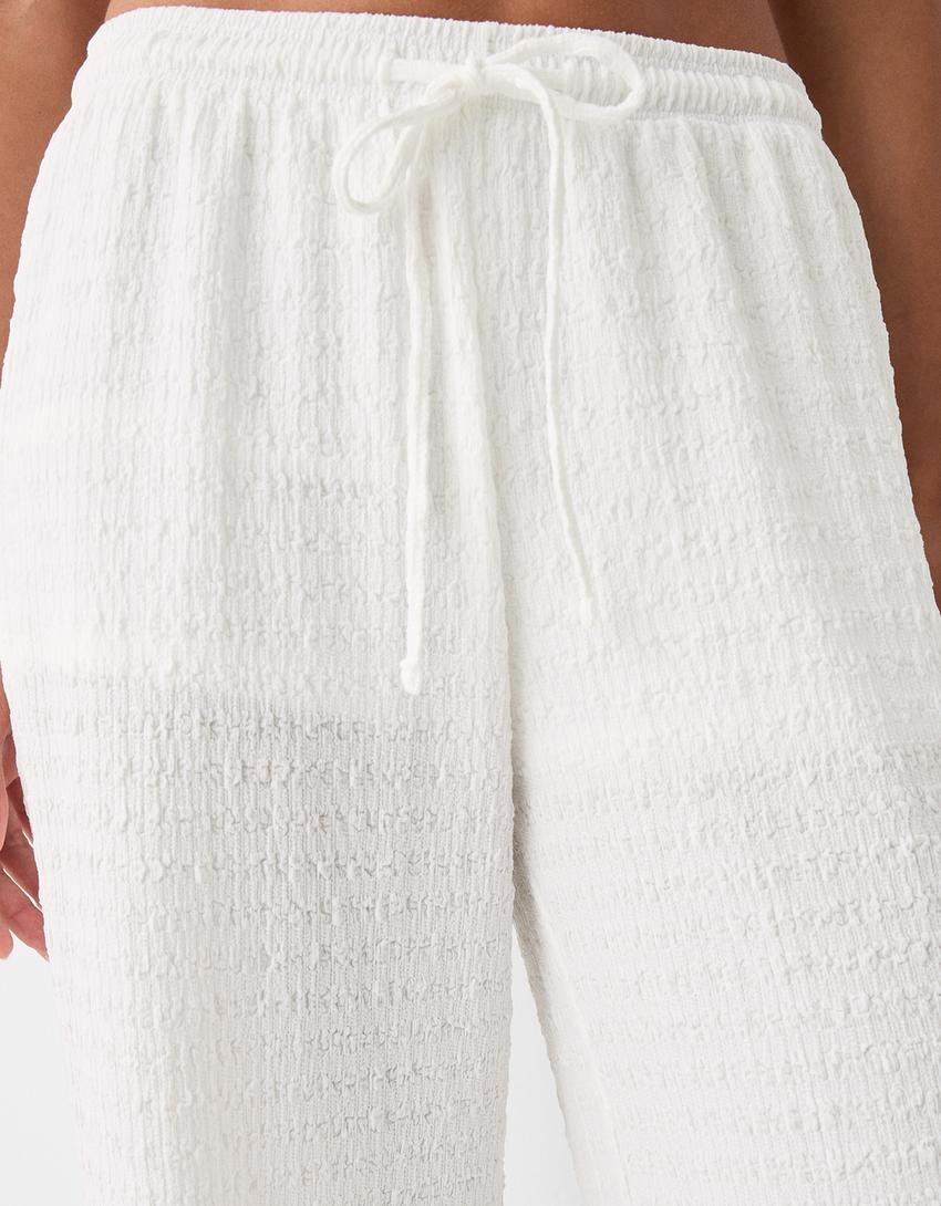 بنطال بقصّة مستقيمة وغرزة وافل-أبيض مطفي-5