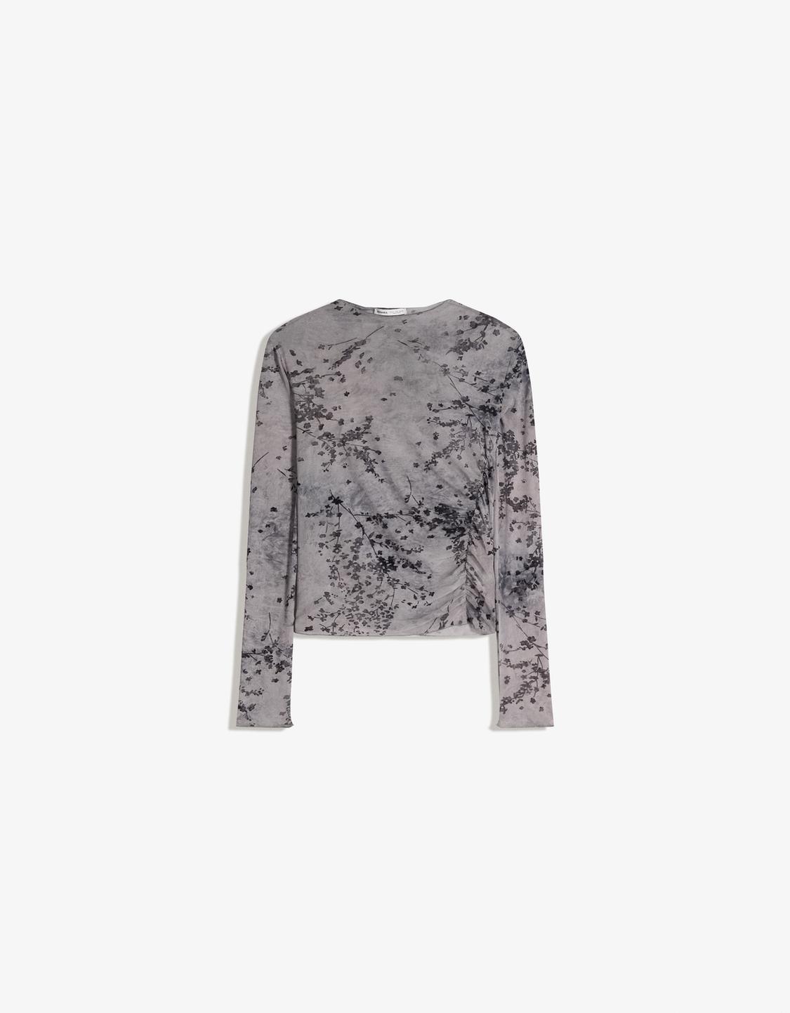 Ruched tulle long sleeve T-shirt