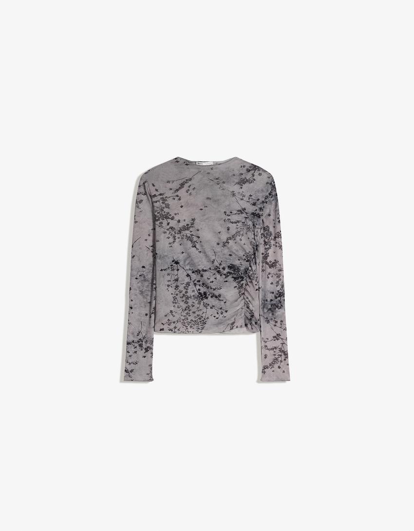 Ruched tulle long sleeve T-shirt-Grey