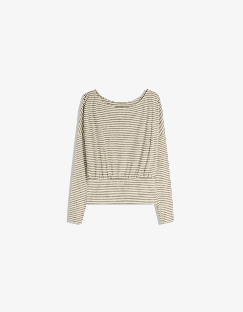 Striped long sleeve T-shirt with sash-Beige