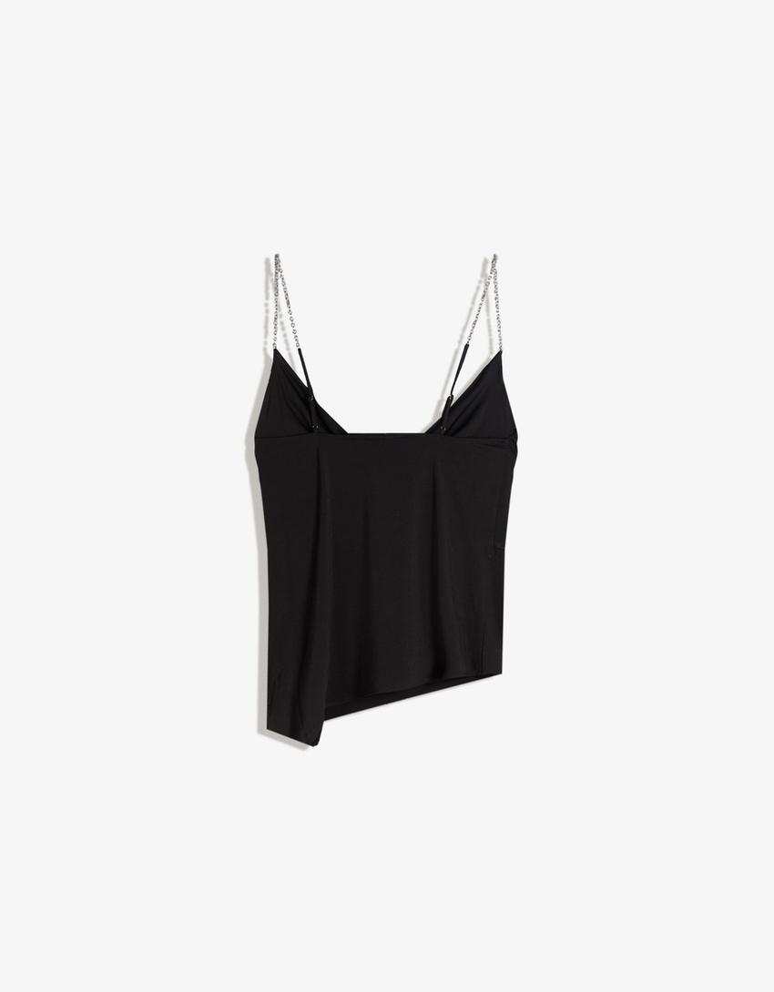 Draped top with chain straps-Black