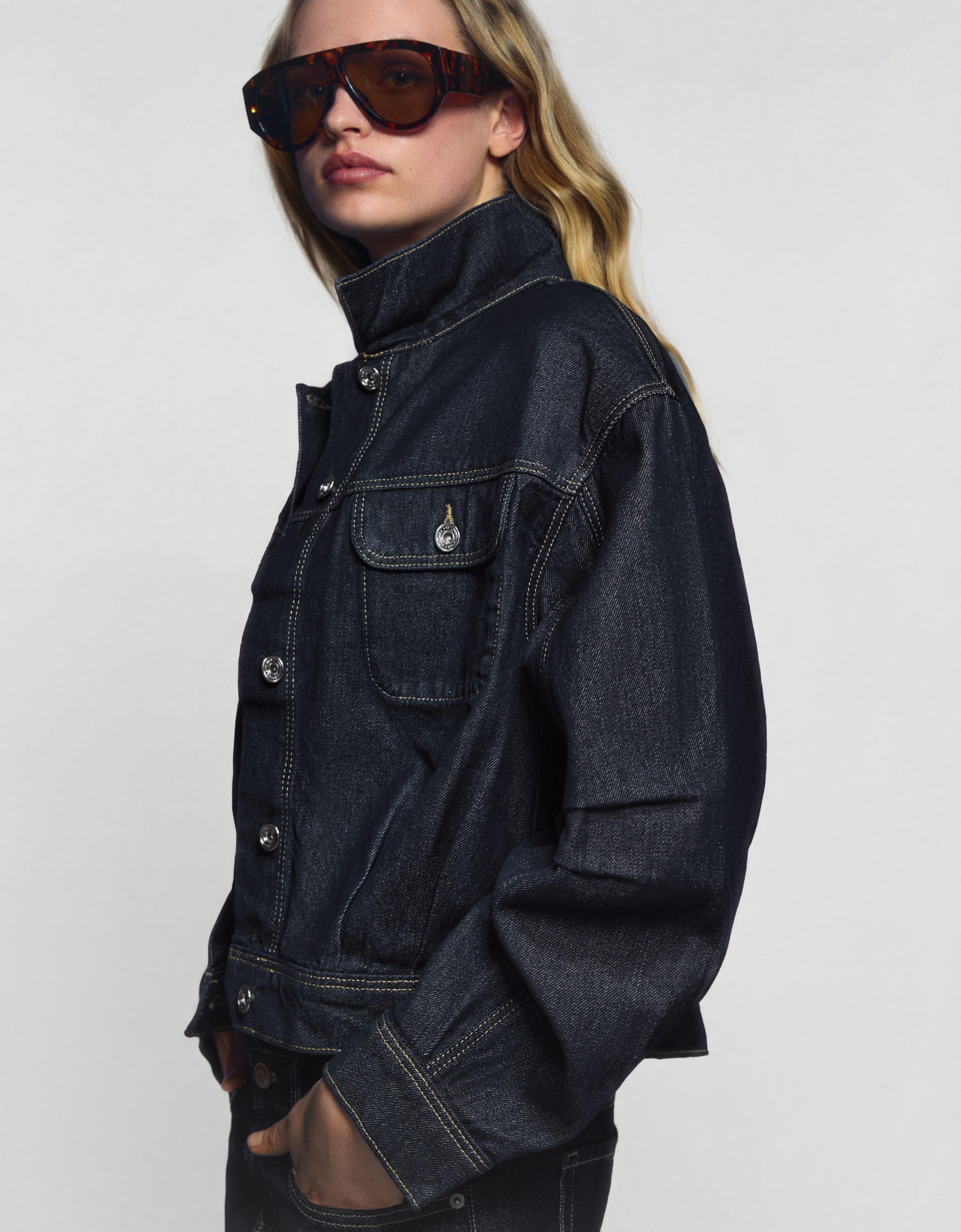 Cropped balloon denim jacket — Navy