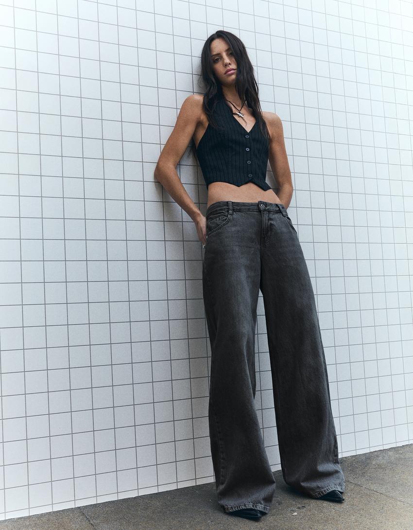 Wide-leg low-waist jeans-Black-2