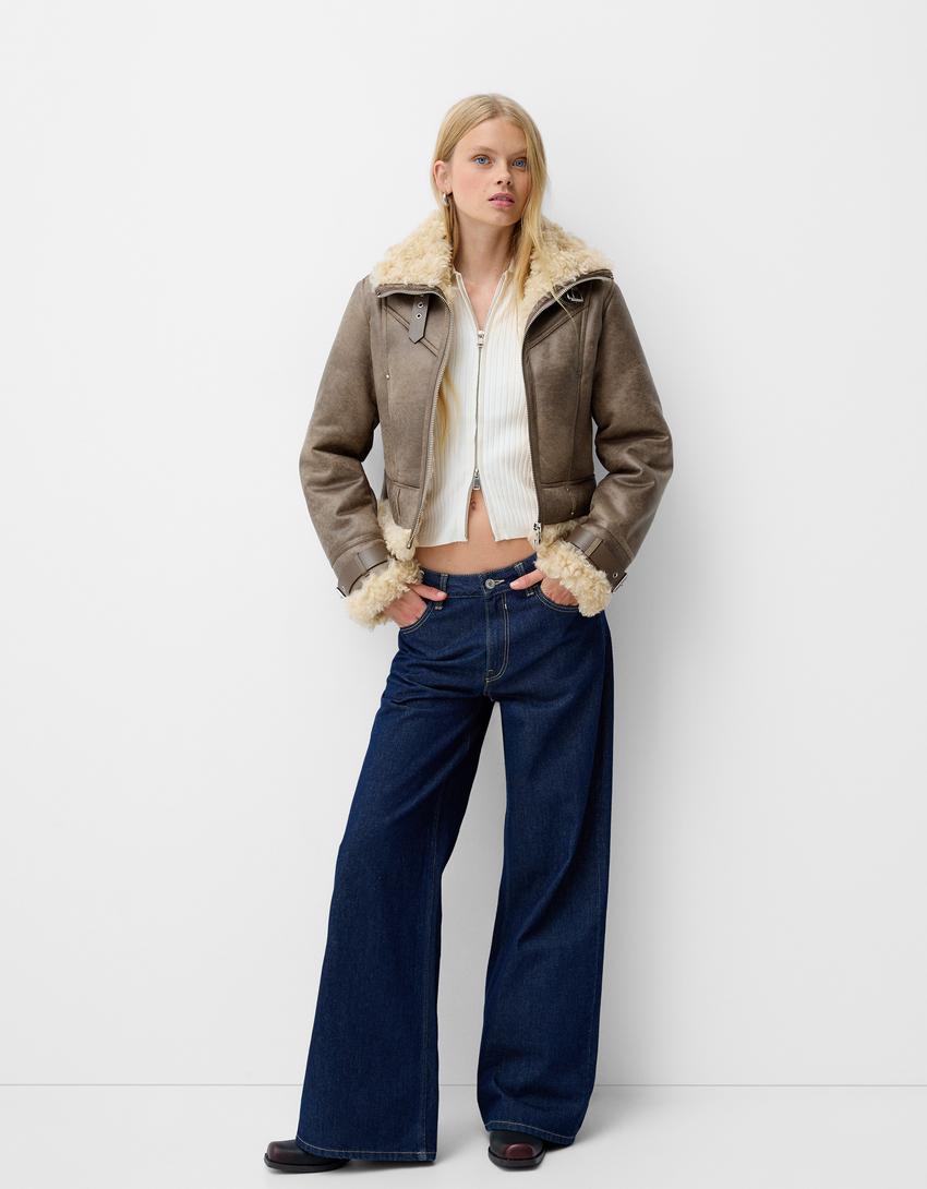 Blouson double face fausse fourrure-Taupe-3