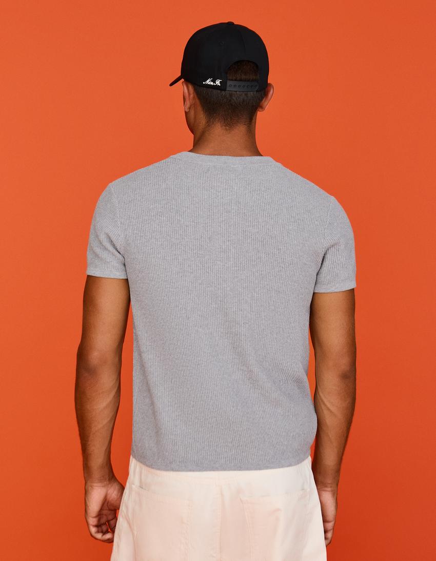 T-shirt manches courtes col tunisien-Gris