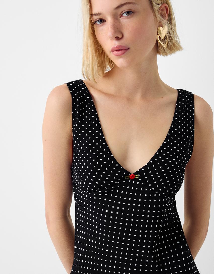 Minivestido bolinhas pormenor flor-Preto-2