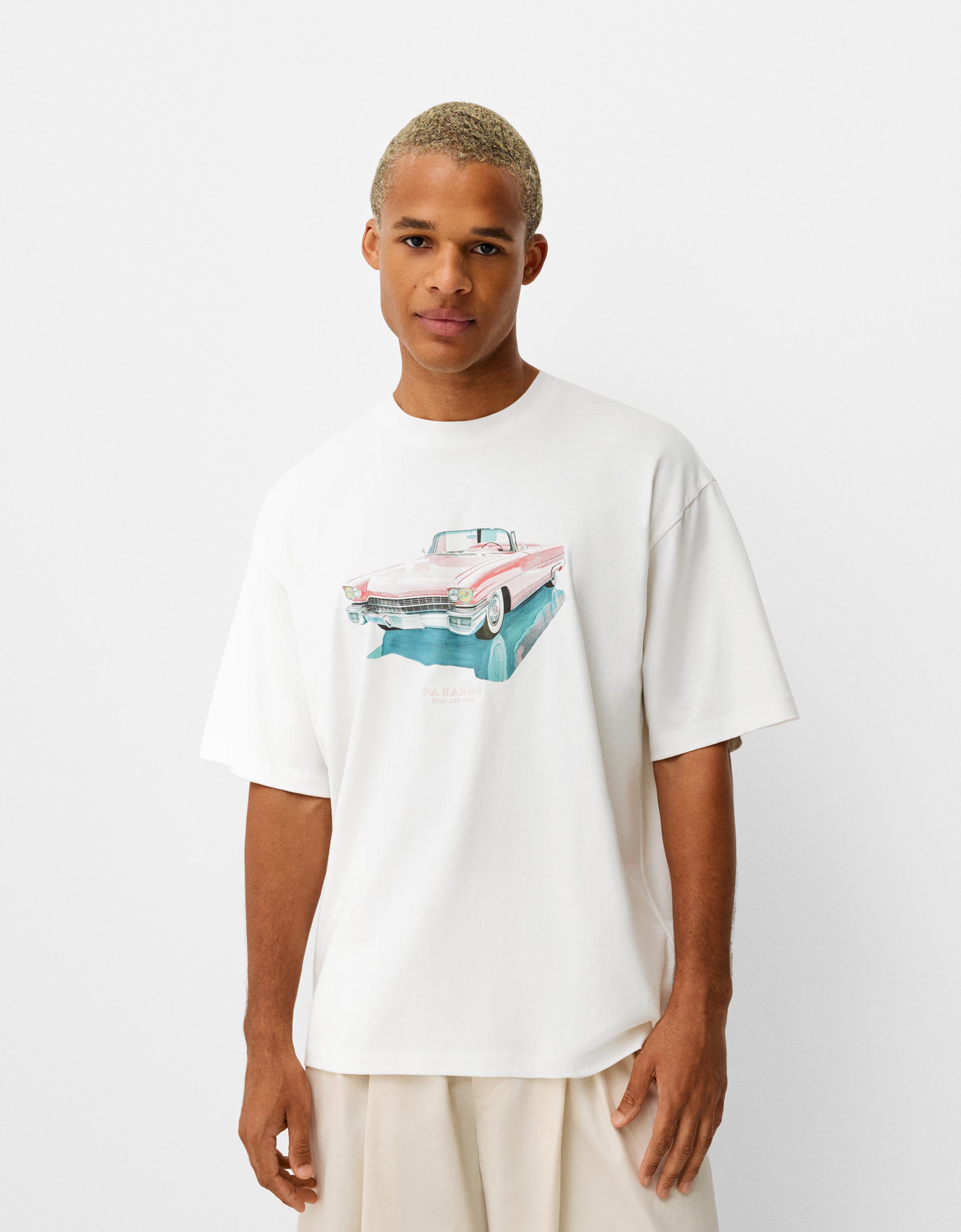 Bershka T-Shirt Bershka X Paradiso Mit Kurzen Ärmeln Und Print Herren Xl Weiss