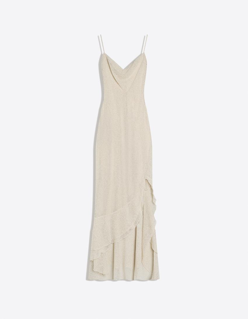 Rustic ruffle midi dress with straps-Sand
