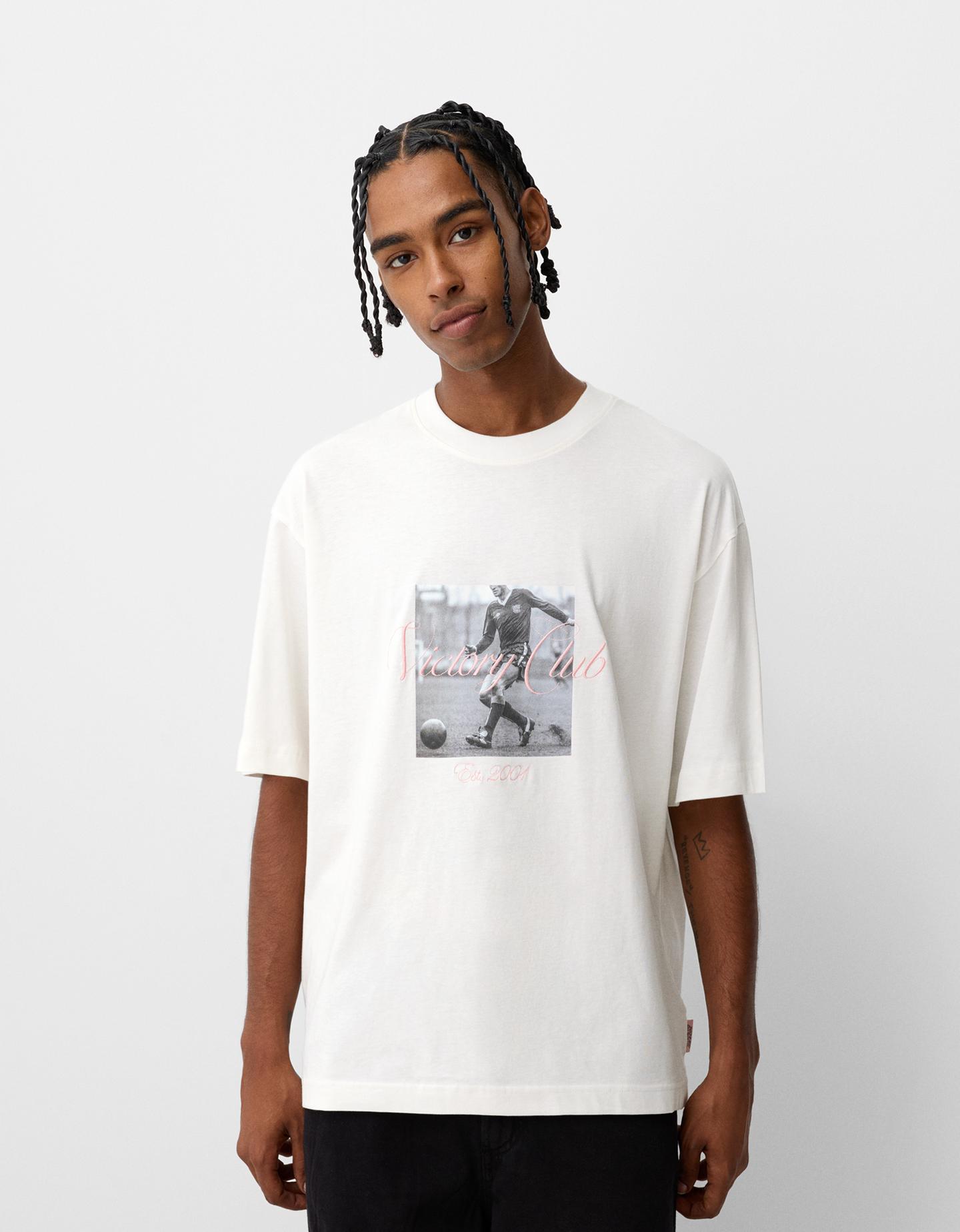 Bershka Camiseta Manga Corta Relaxed Print Bordado Hombre L Blanco Roto