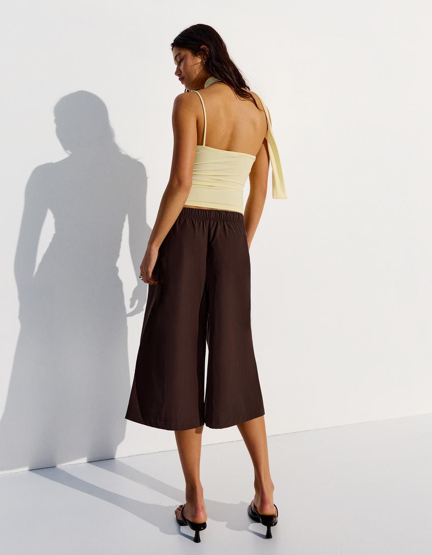 Bermuda culottes with elasticated waistband-Brown