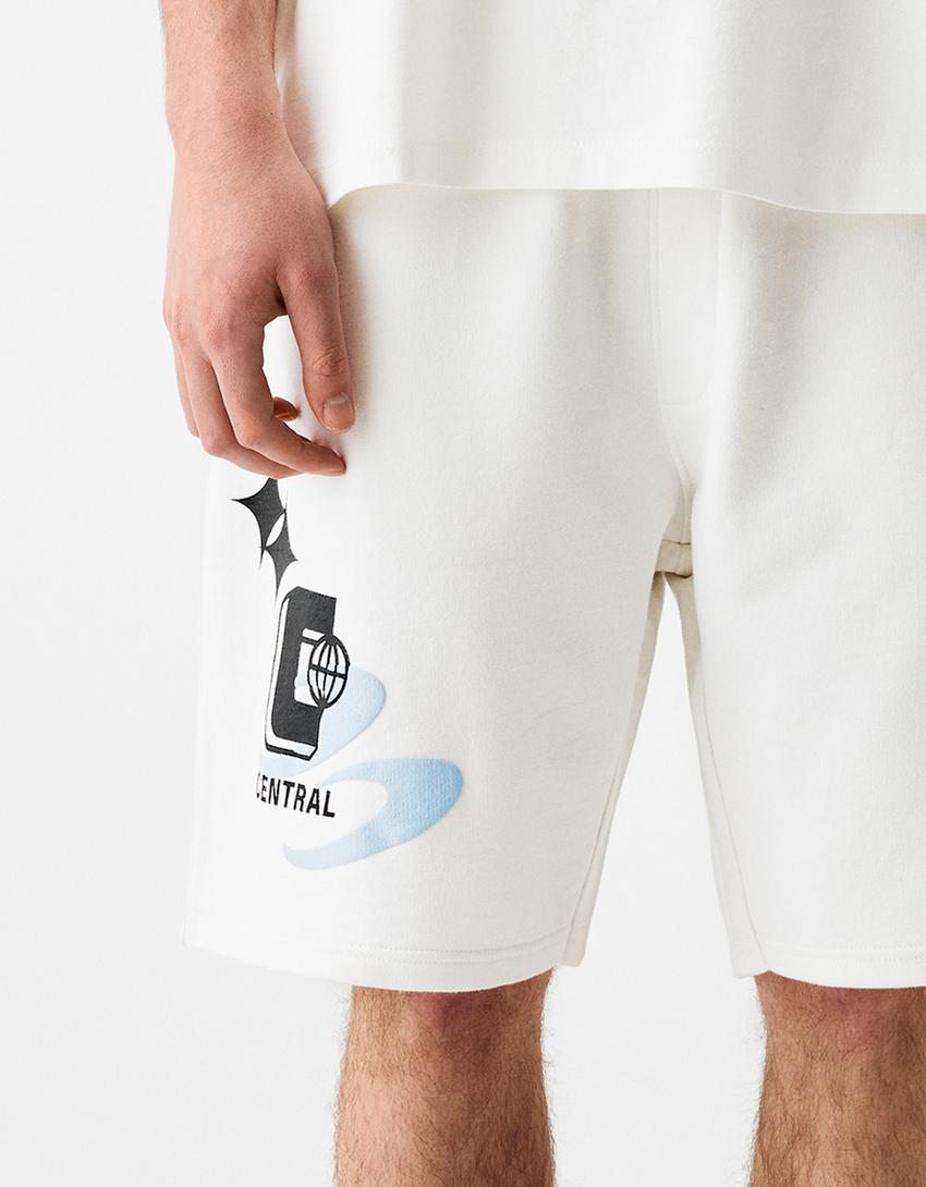 Relaxed fit plush printed Bermuda shorts-White-6