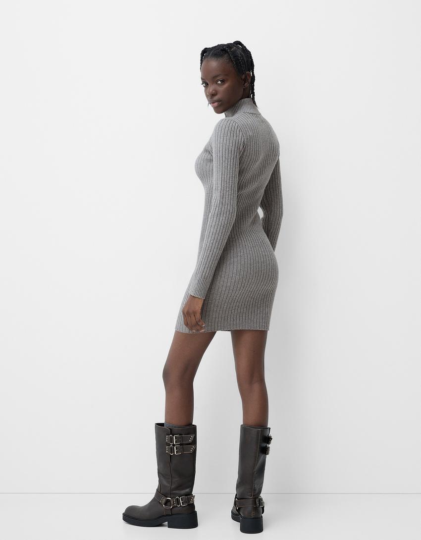 Vestito mini a coste con cerniera-Grigio scuro-2