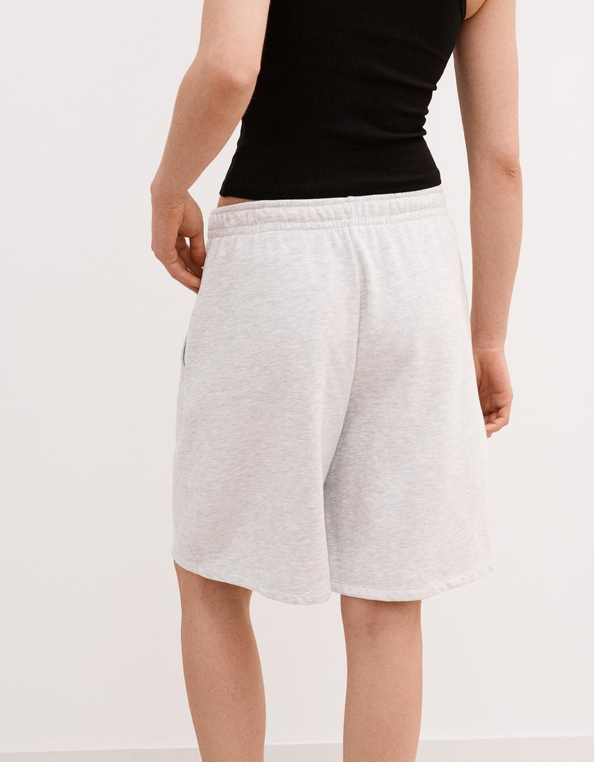 Plush Bermuda shorts with embroidery-Grey