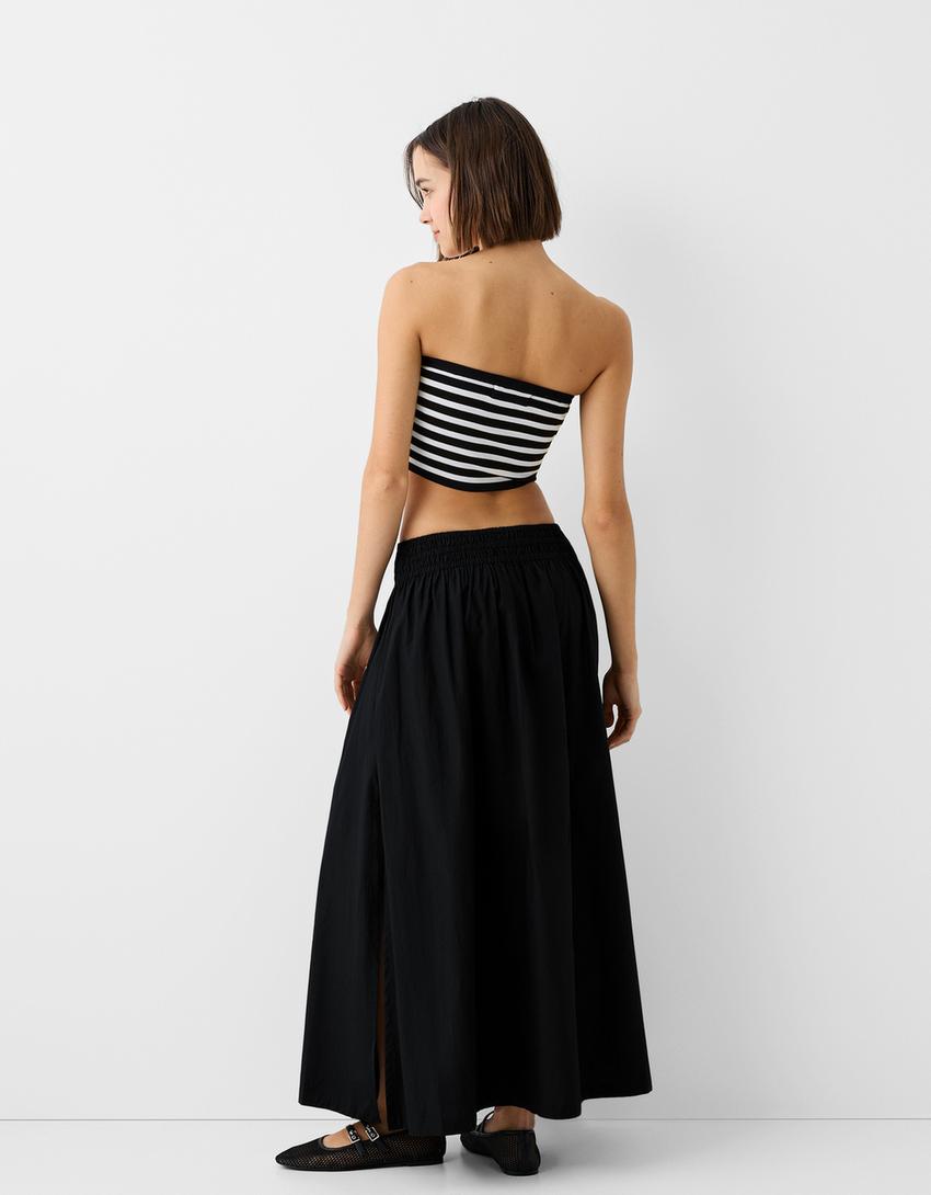 Poplin midi skirt with elastic waistband-Black-2