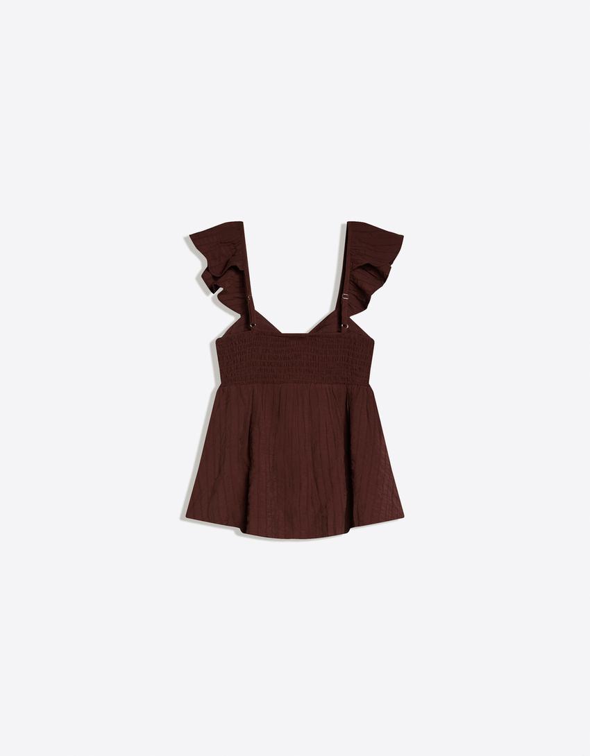 Shirred strap top-Brown
