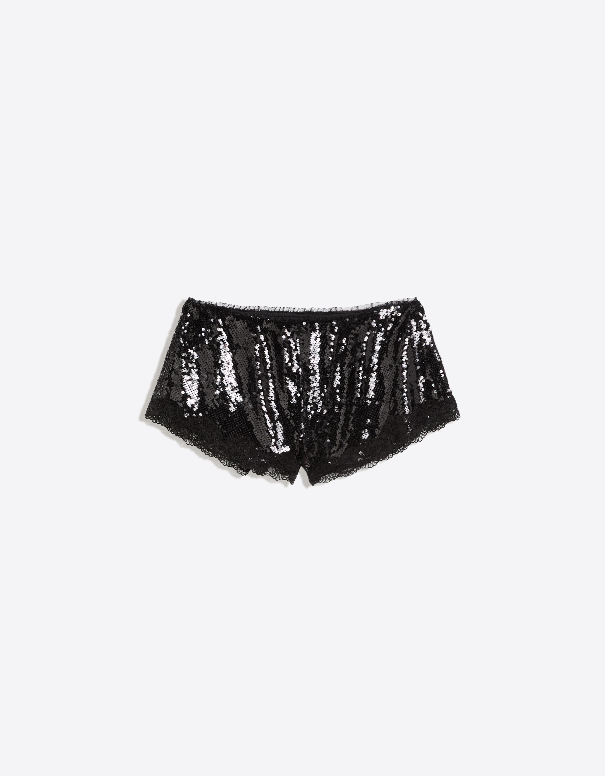 Bershka Shorty Z Cekinami I Koronką, Luźny Fason Kobieta Czarny