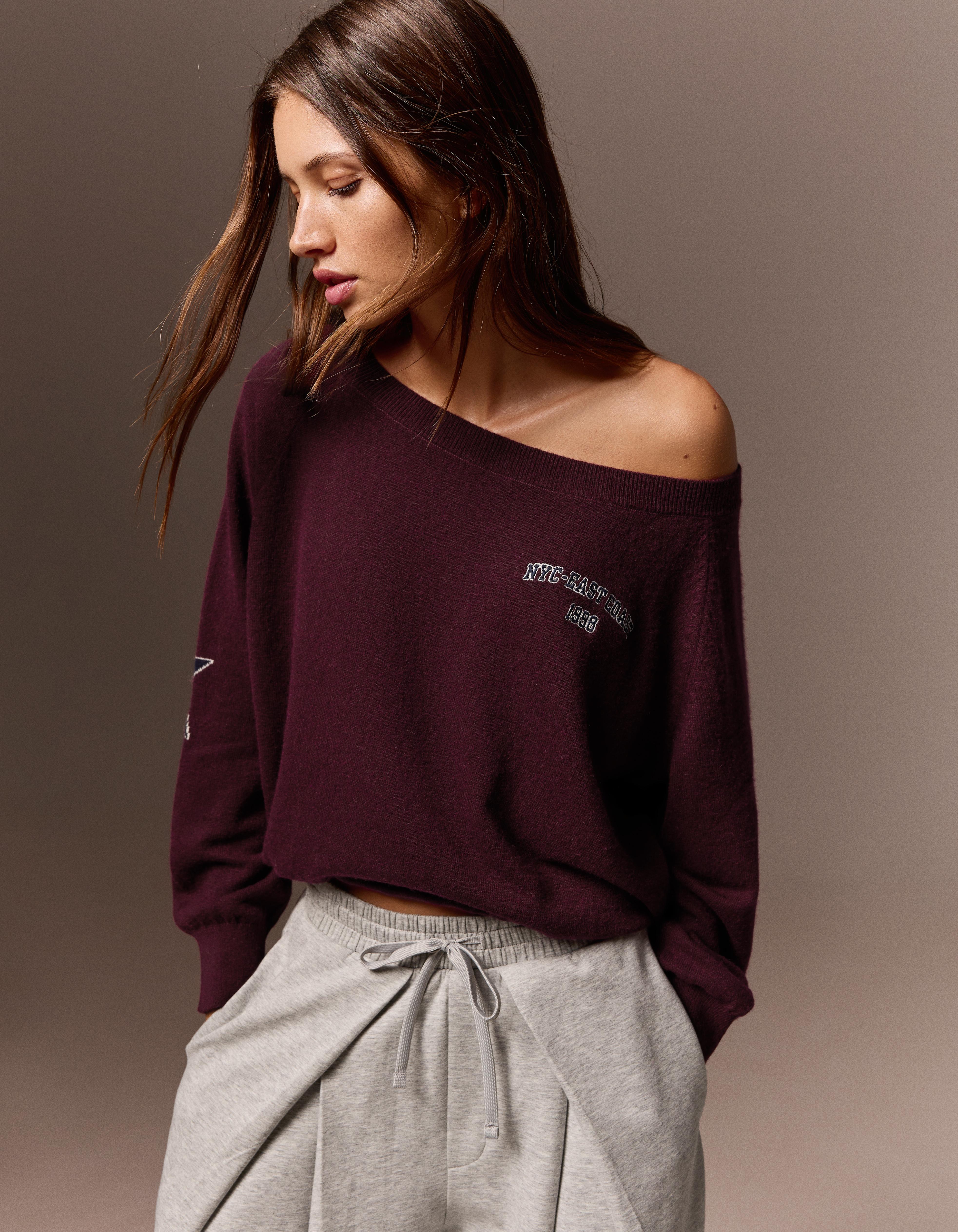 Graphic boat neck jumper — Burgundy