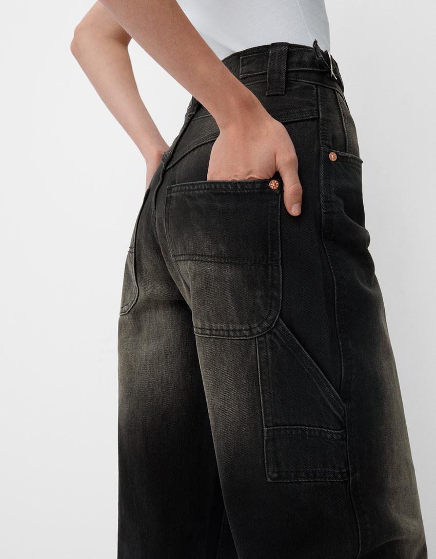 Adjustable balloon fit carpenter jeans-Brown-3