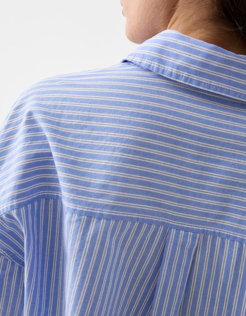 Long sleeve cropped poplin shirt with pocket-Blue