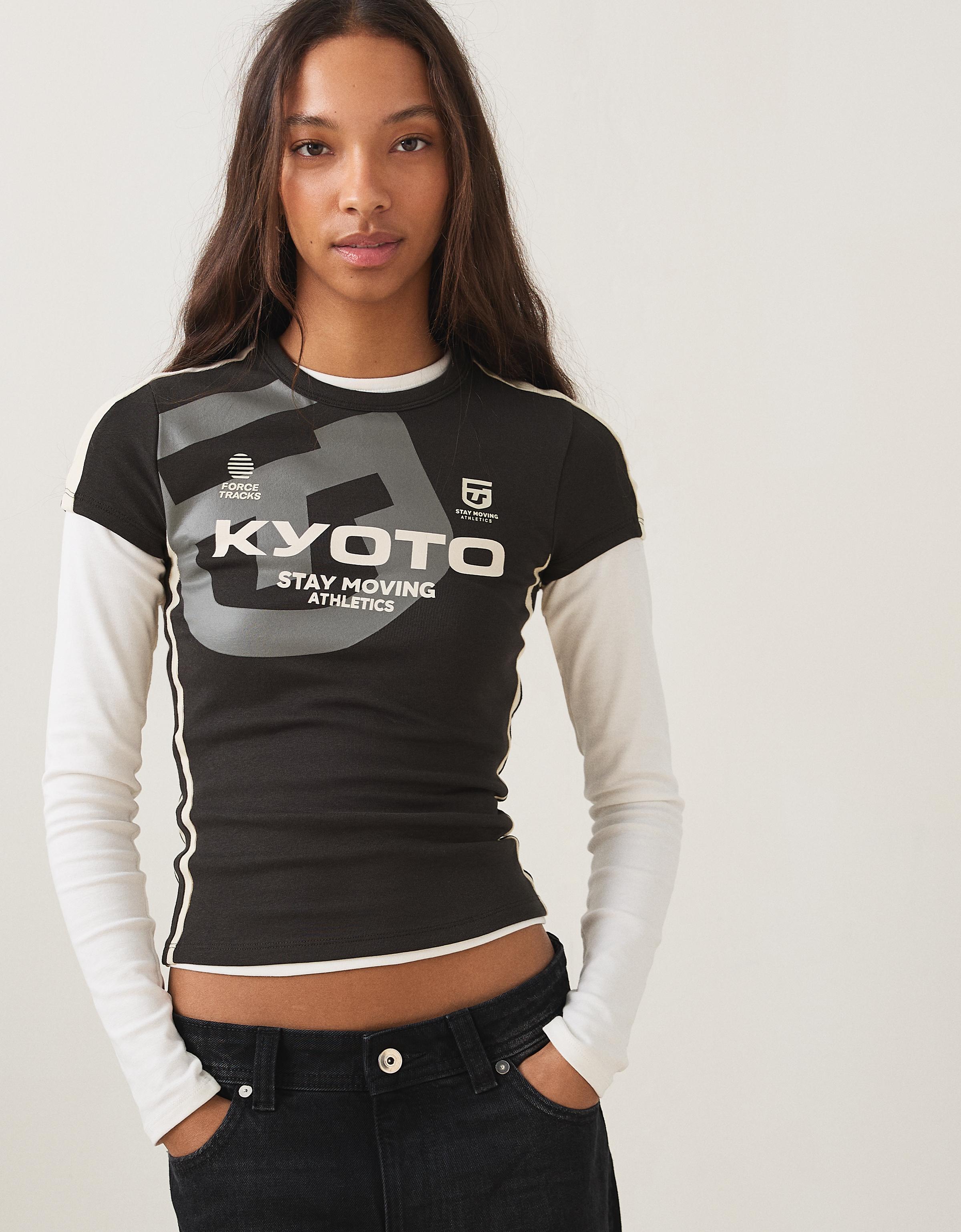 Bershka T-Shirt Mit Kurzen Ärmeln Und Sport-Print Damen L Dunkelgrau