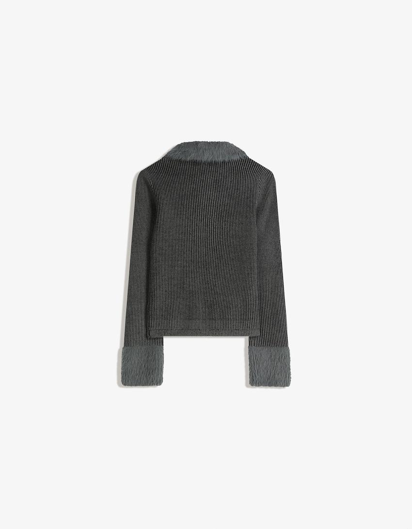 Zip-up cardigan with faux fur collar-Dark grey