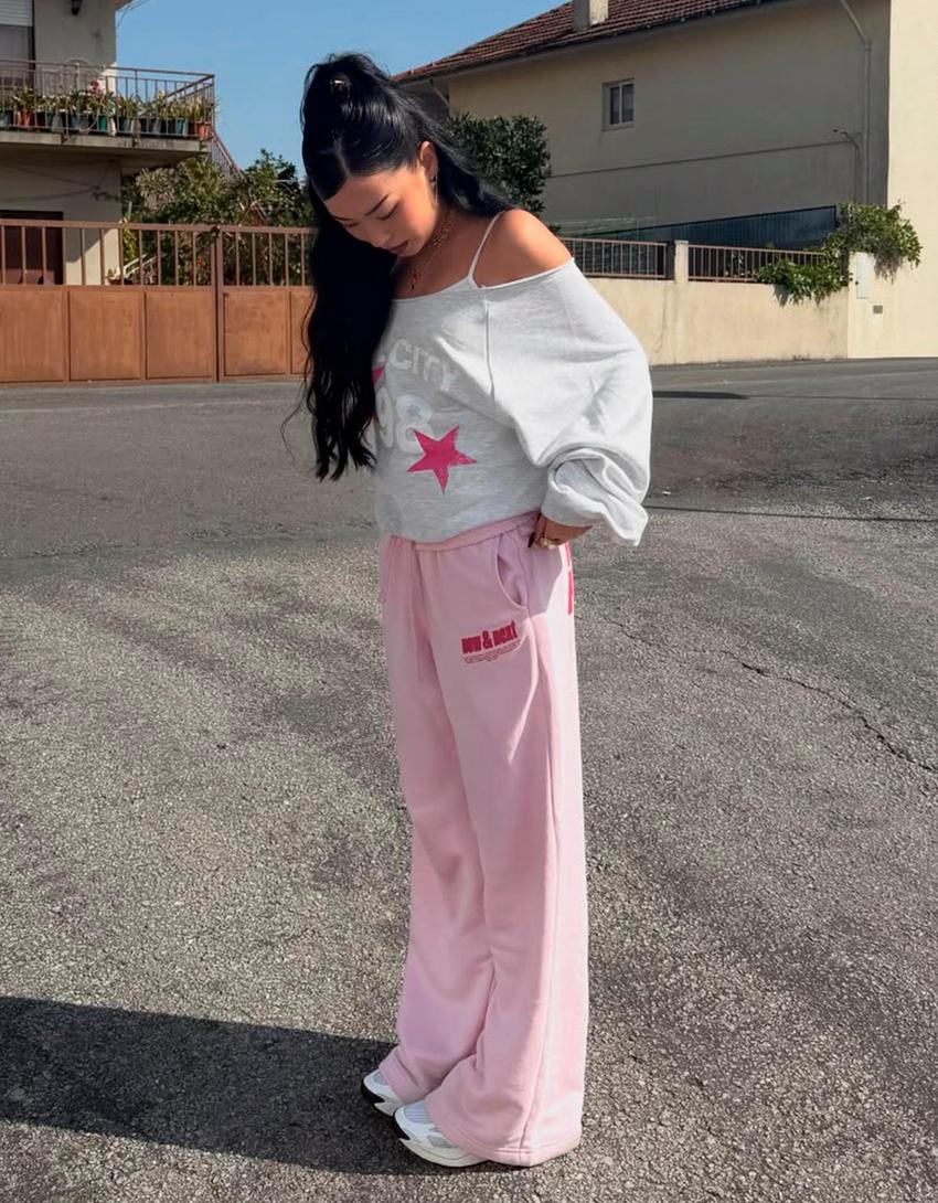 Pantalon wide leg molletonné imprimé-Rose