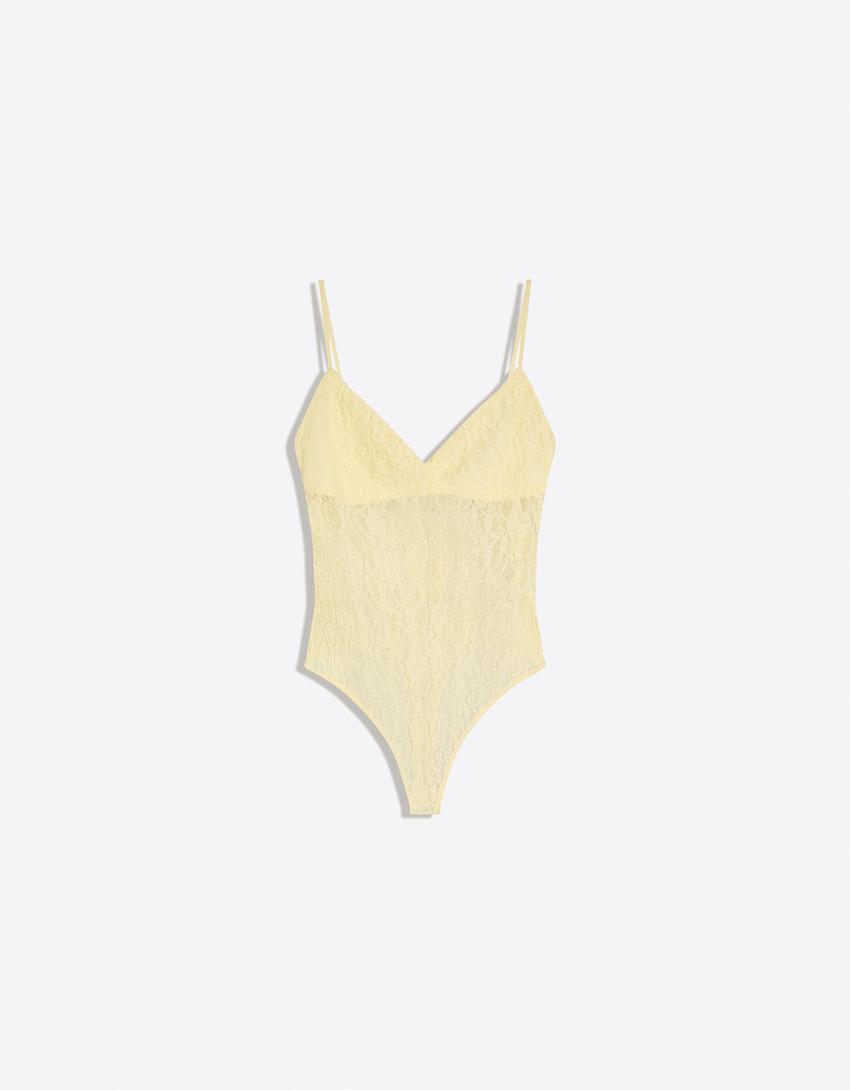 Lace strap bodysuit-Yellow