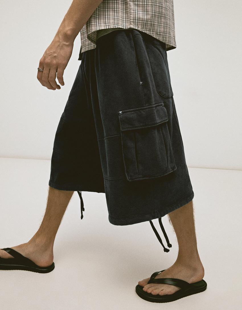 Faded-effect cargo jort Bermuda shorts-Grey