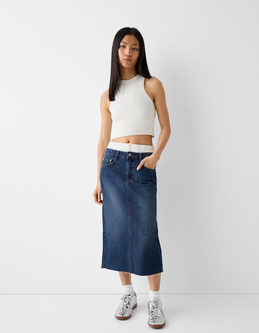 تنورة متوسطة الطول دنيم بسروال داخلي-أزرق-1