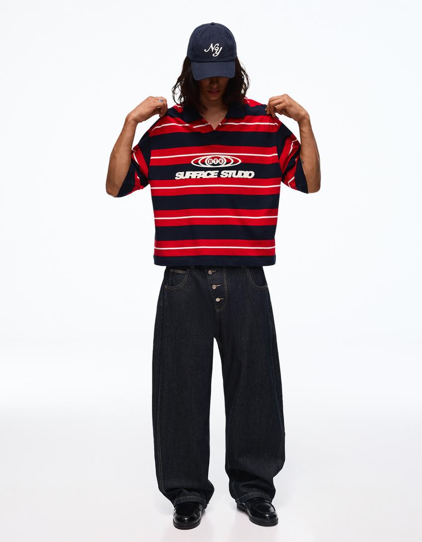 Barrel jeans with crossover buttons-Navy