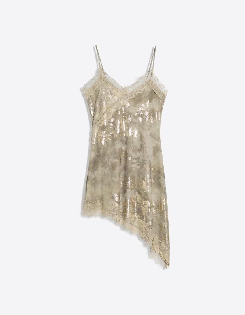 Vestido mini tul encaje-Kaki