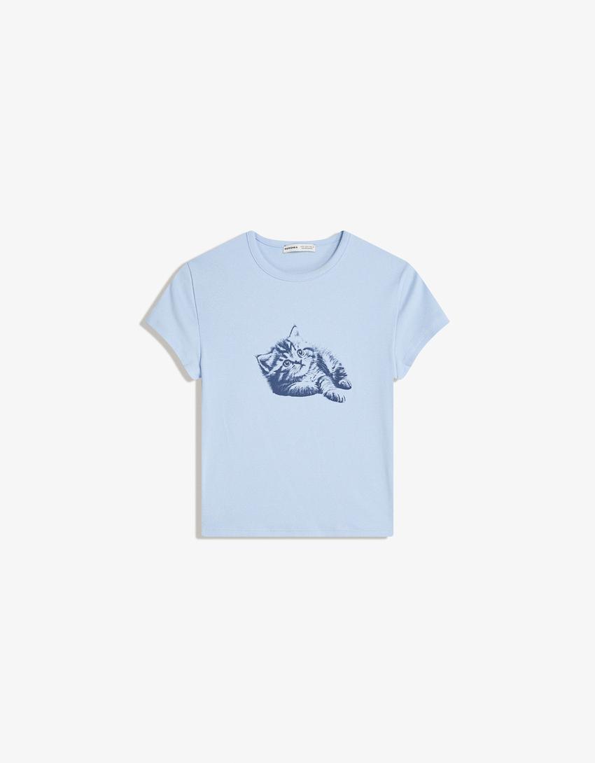 T-shirt manga curta estampada-Azul claro-3