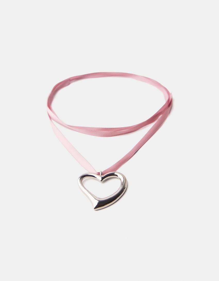 Satin necklace with heart charm-Silver-2