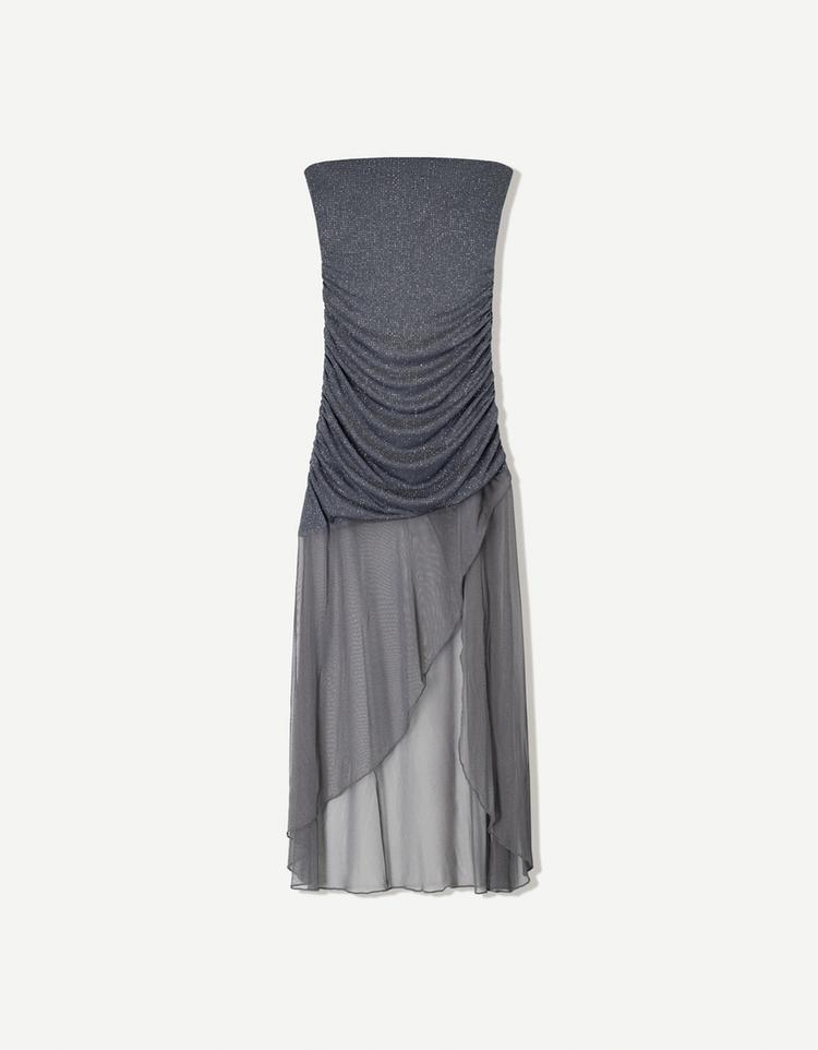 Shimmery midi dress with bandeau neckline
