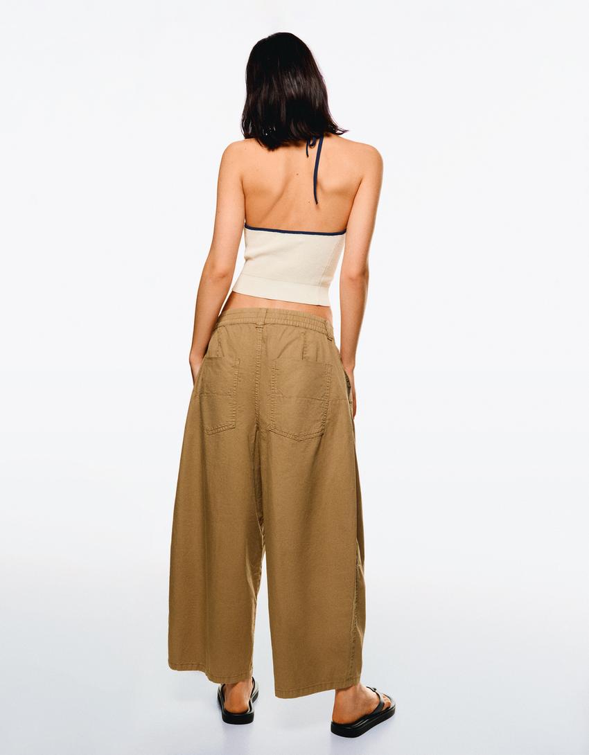 Calças barrel cropped pinças-Caramelo-1