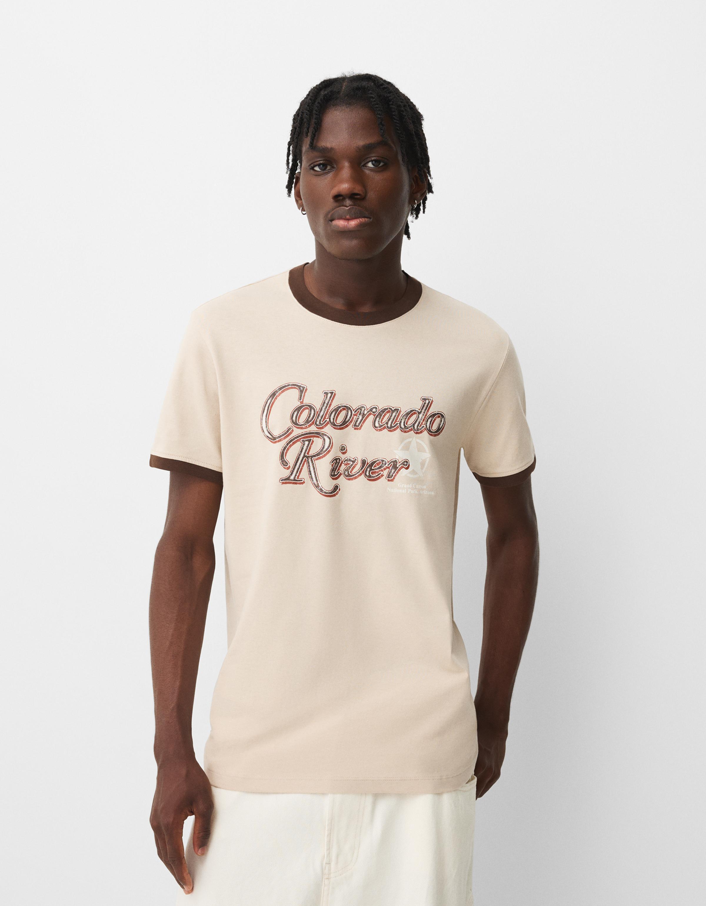 Bershka T-Shirt Mit Farblich Abgesetztem Patentmuster Herren L Camel